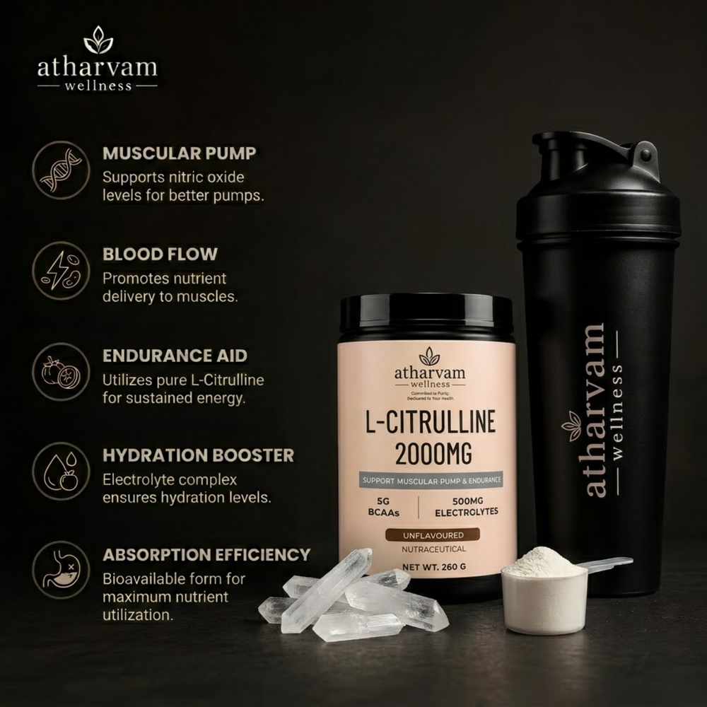 L-Citrulline 2000mg Pre Workout Powder with BCAA 2:1:1, Electrolytes & Taurine – Unflavoured, 260g | Atharvam Wellness