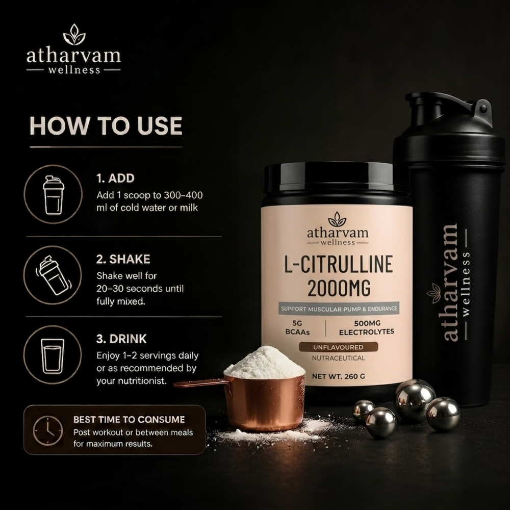 L-Citrulline 2000mg Pre Workout Powder with BCAA 2:1:1, Electrolytes & Taurine – Unflavoured, 260g | Atharvam Wellness