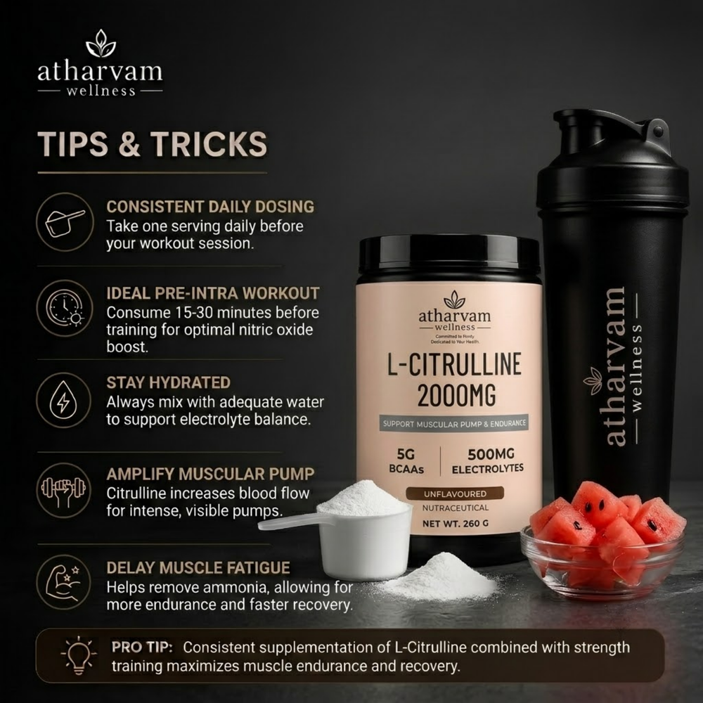 L-Citrulline 2000mg Pre Workout Powder with BCAA 2:1:1, Electrolytes & Taurine – Unflavoured, 260g | Atharvam Wellness