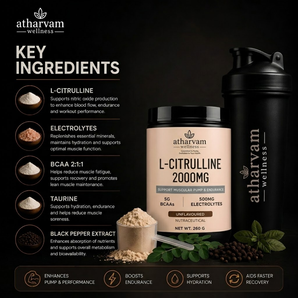 L-Citrulline 2000mg Pre Workout Powder with BCAA 2:1:1, Electrolytes & Taurine – Unflavoured, 260g | Atharvam Wellness