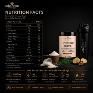 L-Citrulline 2000mg Pre Workout Powder with BCAA 2:1:1, Electrolytes & Taurine – Unflavoured, 260g | Atharvam Wellness