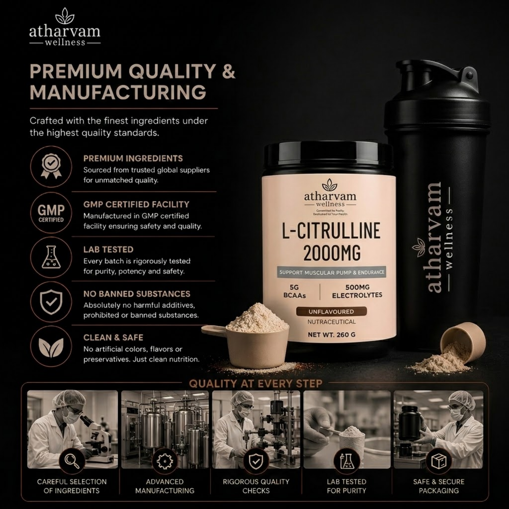L-Citrulline 2000mg Pre Workout Powder with BCAA 2:1:1, Electrolytes & Taurine – Unflavoured, 260g | Atharvam Wellness