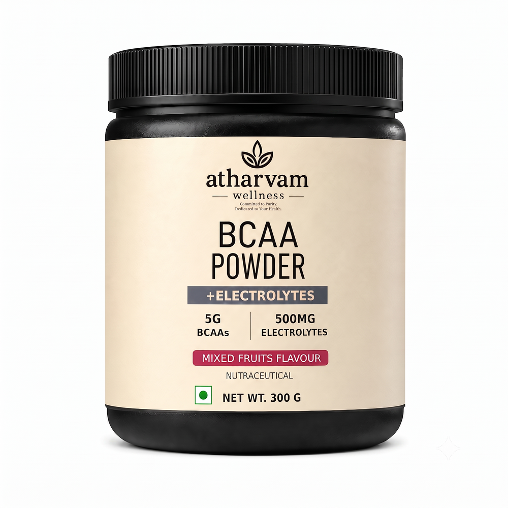 BCAA Powder 2:1:1 with Electrolytes – Mixed Fruits Flavour Intra Workout Drink for Muscle Recovery, 300g | Atharvam Wellness