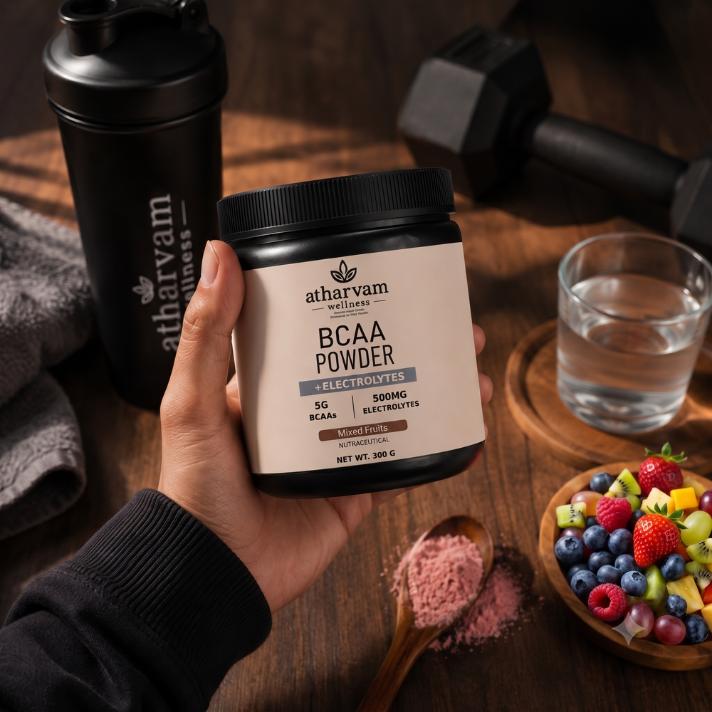 BCAA Powder 2:1:1 with Electrolytes – Mixed Fruits Flavour Intra Workout Drink for Muscle Recovery, 300g | Atharvam Wellness