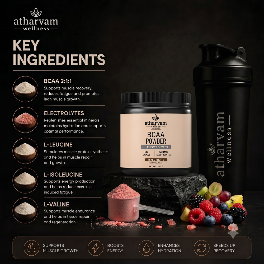 BCAA Powder 2:1:1 with Electrolytes – Mixed Fruits Flavour Intra Workout Drink for Muscle Recovery, 300g | Atharvam Wellness