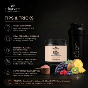 BCAA Powder 2:1:1 with Electrolytes – Mixed Fruits Flavour Intra Workout Drink for Muscle Recovery, 300g | Atharvam Wellness