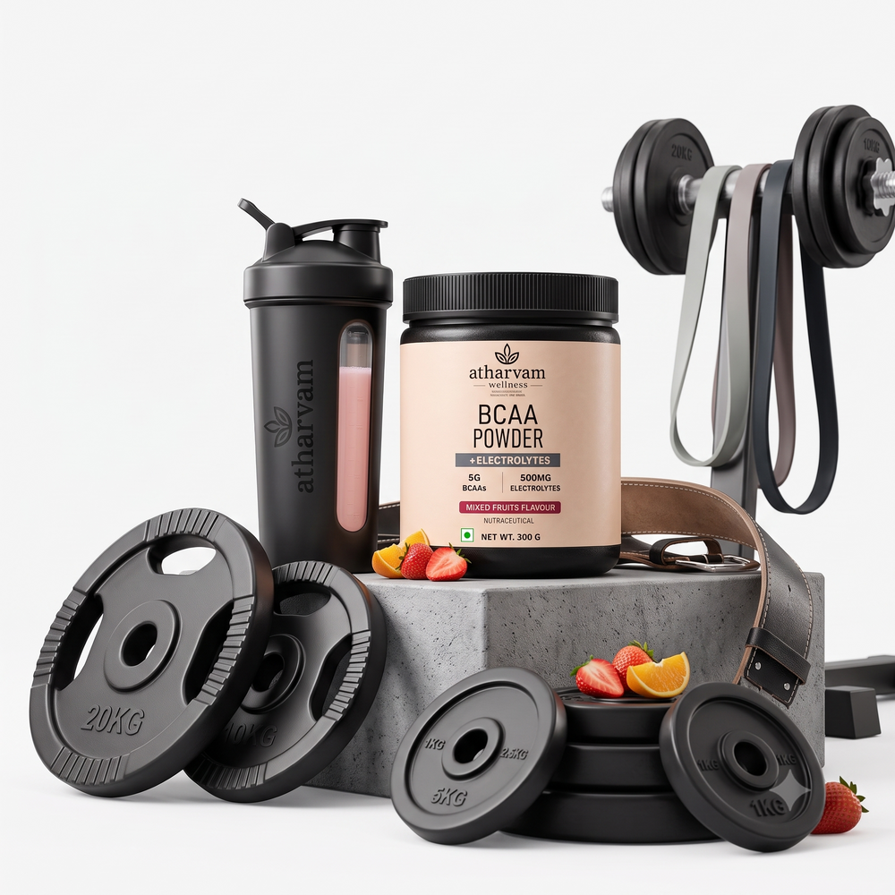 BCAA Powder 2:1:1 with Electrolytes – Mixed Fruits Flavour Intra Workout Drink for Muscle Recovery, 300g | Atharvam Wellness