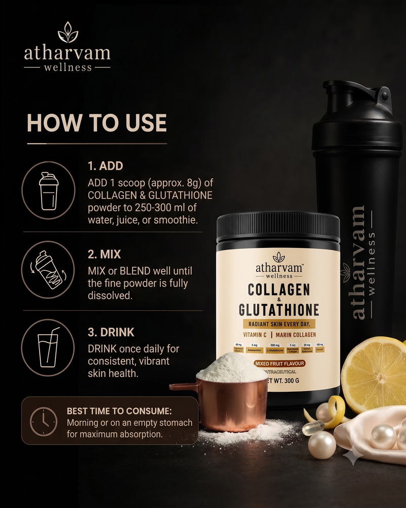 Collagen Glutathione Powder with Vitamin C, Hyaluronic Acid & Biotin – Marine Collagen for Radiant Skin, Unflavoured 250g | Atharvam Wellness