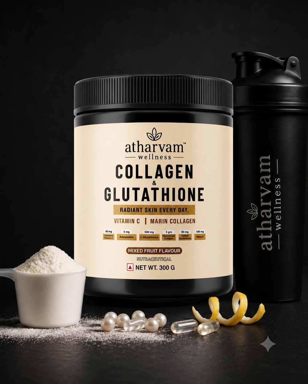 Collagen Glutathione Powder with Vitamin C, Hyaluronic Acid & Biotin – Marine Collagen for Radiant Skin, Unflavoured 250g | Atharvam Wellness