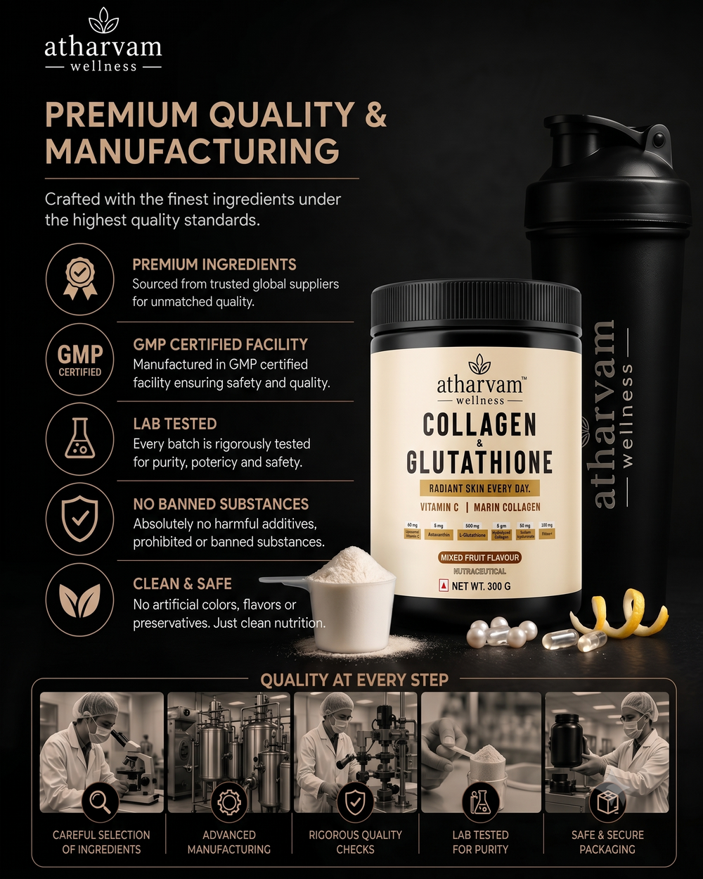 Collagen Glutathione Powder with Vitamin C, Hyaluronic Acid & Biotin – Marine Collagen for Radiant Skin, Unflavoured 250g | Atharvam Wellness