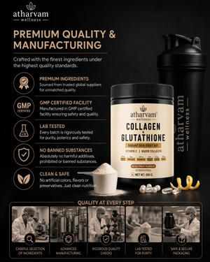Collagen Glutathione Powder with Vitamin C, Hyaluronic Acid & Biotin – Marine Collagen for Radiant Skin, Unflavoured 250g | Atharvam Wellness