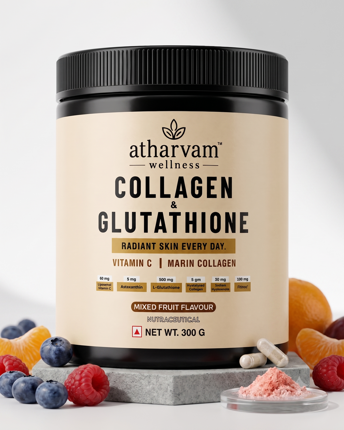 Collagen Glutathione Powder with Vitamin C, Hyaluronic Acid & Biotin – Marine Collagen for Radiant Skin, Unflavoured 250g | Atharvam Wellness