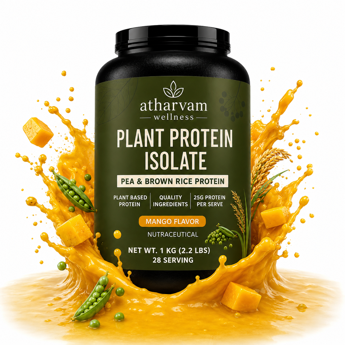 Plant Protein Isolate – Pea & Brown Rice Protein, Mango Flavor | 25g Protein, 1kg (28 Servings)